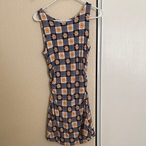 Lisa Says Gah Navy & Cream Check Daisy Mini Dress with Orange Accents